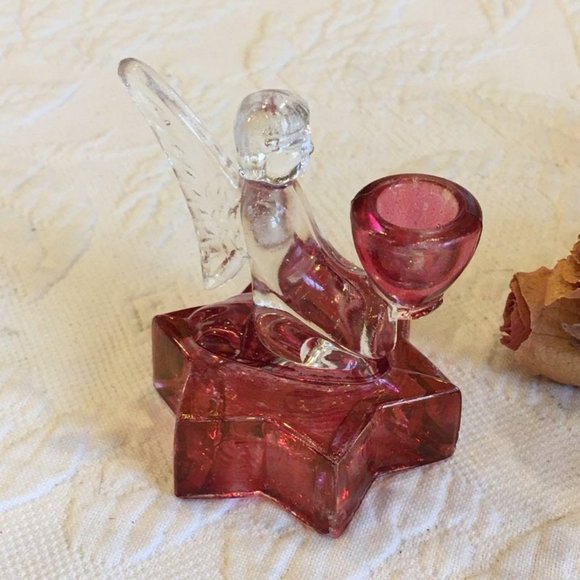 1940’s MCM Pair Christmas Angel Candle Holders with Ruby Red Glass Bases. Rare - Picture 4 of 7